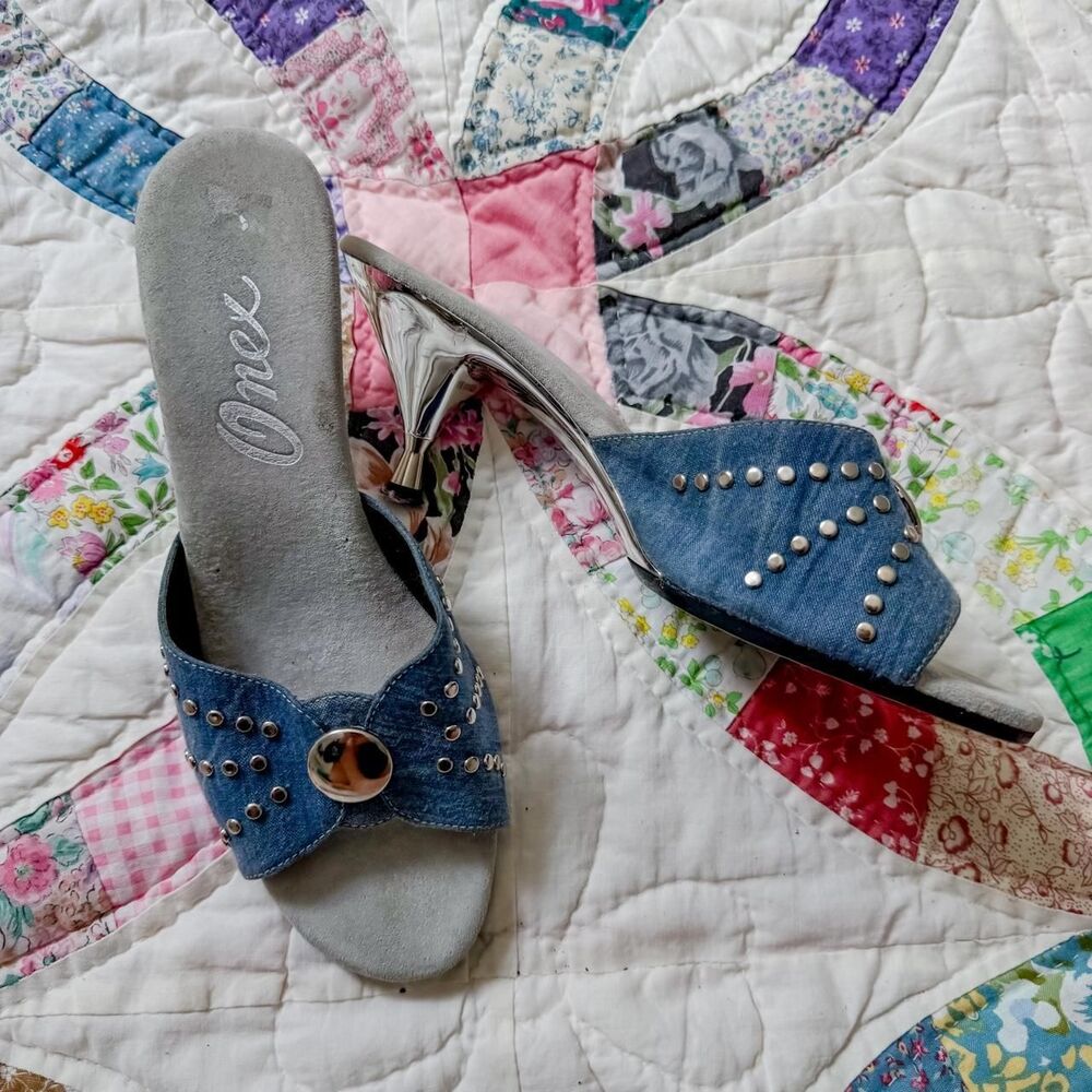 onex cotton denim kitten heels western boho size 6